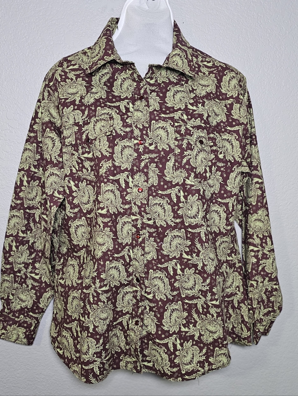 Western Pearl Snap Shirt XL Brown Mint Paisley Cowgirl Rodeo Button Up